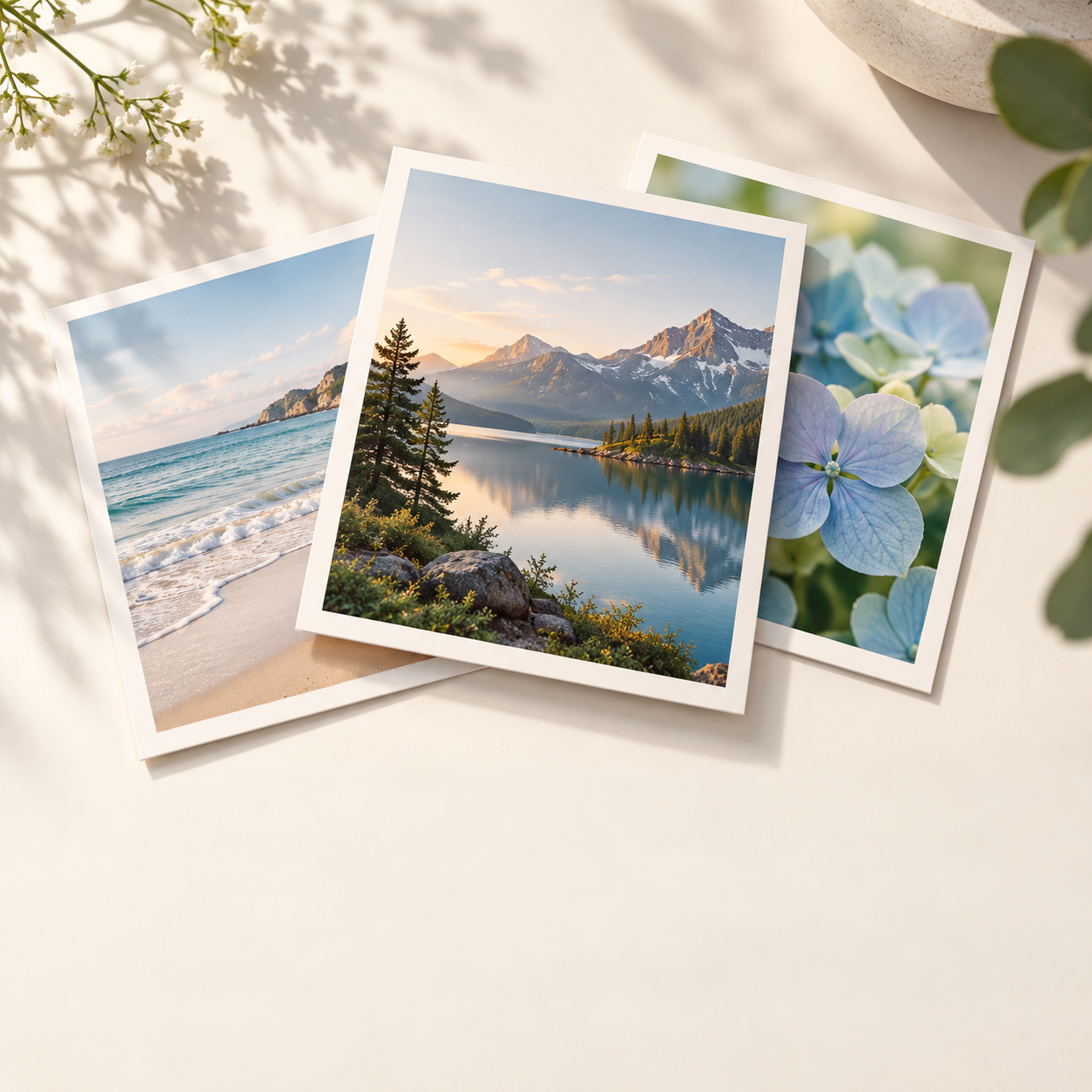Three printed photos arranged on a bright table